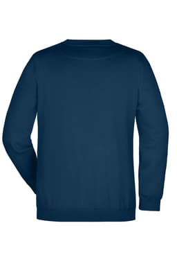 A navy blue sweater with a round neck and long sleeves, featuring a logo on the back.