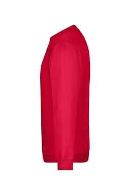 A red jumper with a simple design, featuring long sleeves and a crew neck. It has branding on the side.