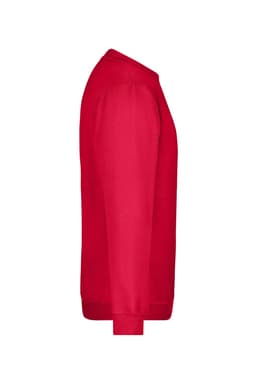 A red jumper sweater displayed from the side, featuring a plain design and a small logo.