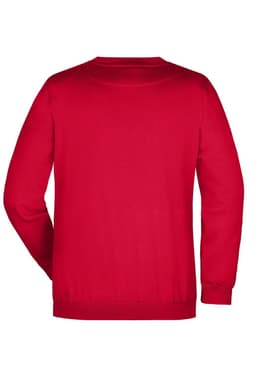 A red jumper with long sleeves and a crew neck, featuring a plain back. It has a logo on the side.