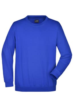 A blue round neck sweatshirt with long sleeves and a casual fit, featuring a small logo on the label.