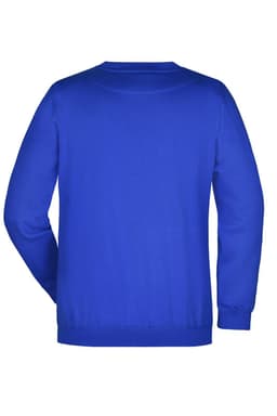 A blue jumper with a round neck and long sleeves, featuring a plain back and a branding logo.