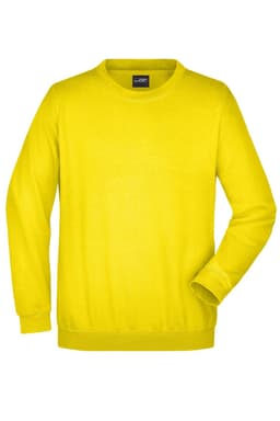 A bright yellow sweater with a round neck and long sleeves. It features a logo on the label.