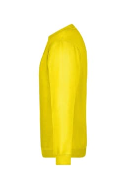A yellow round sweat heavy jumper with a crew neckline and long sleeves, featuring a logo.
