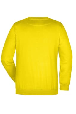 A yellow jumper with a round neck and long sleeves, featuring a plain back. It has a logo on the fabric.