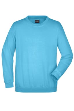 A light blue jumper with a crew neckline and long sleeves, featuring a logo on the label.