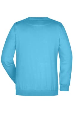 A blue sweatshirt with a round neckline and long sleeves, featuring a logo on the back.
