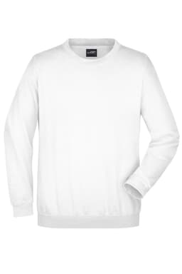 A white round sweat heavy jumper with a simple design and a branding logo on the label.