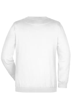 A white jumper with a round neckline and long sleeves. The back view shows a simple design with a logo.