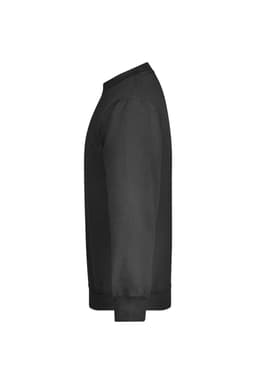 A black round neck jumper with long sleeves and ribbed cuffs, featuring a simple design and a logo.