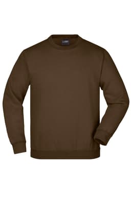 A brown jumper featuring long sleeves and a round neck, with a logo on the chest.