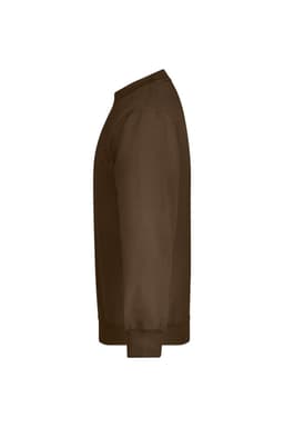 A brown jumper featuring a crew neck and long sleeves, with a logo on the side.