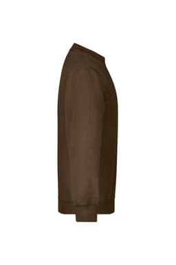 A brown jumper with a classic crew neck and long sleeves, featuring a logo on the side.