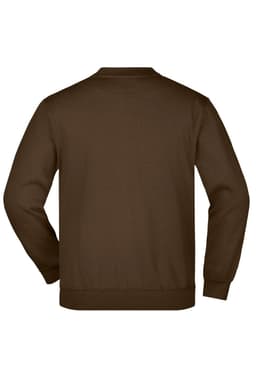 A brown jumper with a round neck and long sleeves, featuring a plain back and a logo.