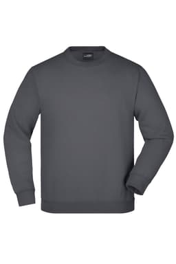 A grey round neck sweatshirt with long sleeves, featuring a branding logo on the label.