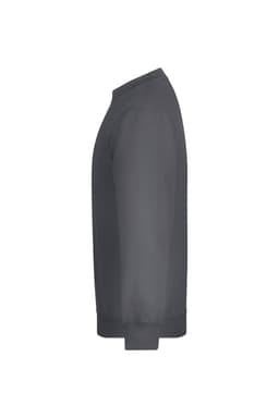 A grey, round neck jumper with long sleeves and a ribbed hem, featuring a logo.