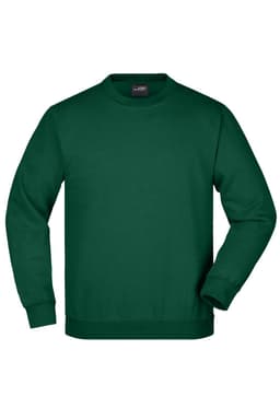 A green round neck sweatshirt is displayed, featuring long sleeves and a simple, unembellished design.