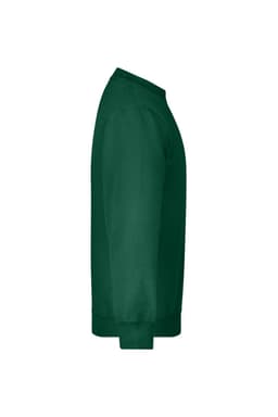 A side view of a green jumper, featuring a crew neck and long sleeves, with a logo on the front.