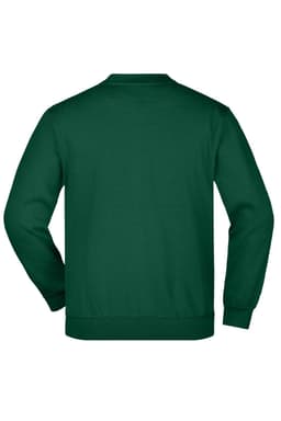 A green jumper featuring a round neck and elasticated cuffs, with a logo on the back.