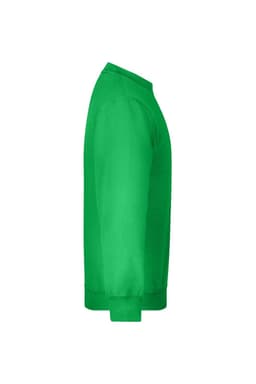 A green sweat jumper in a side view, featuring long sleeves and a crew neck. It has a logo on the front.