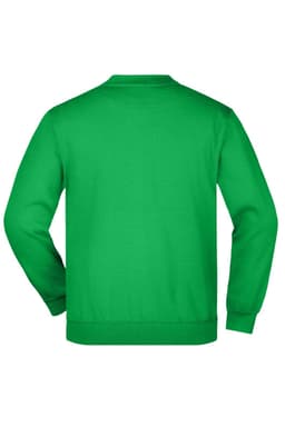 A green jumper featuring a plain back design and a crew neck. It includes a logo on the fabric.