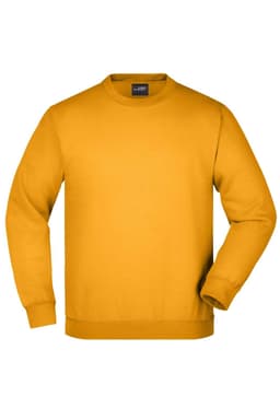A round neck, heavy yellow sweatshirt with long sleeves and a logo.