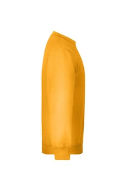 A yellow jumper with long sleeves, featuring a crew neck and a fitted waistband. It has a visible logo.