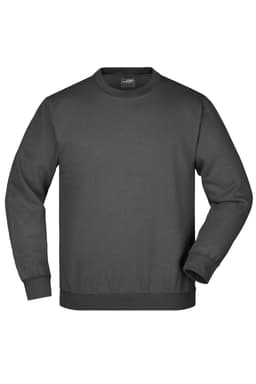 A dark grey jumper with a round neckline and long sleeves, featuring a branding logo.