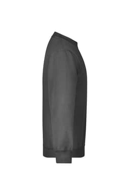 A grey round-neck jumper featuring a side view design, with a ribbed hem and cuffs, and a logo.