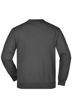 A grey jumper featuring a round neck design and long sleeves. The back view shows a plain surface and a logo.