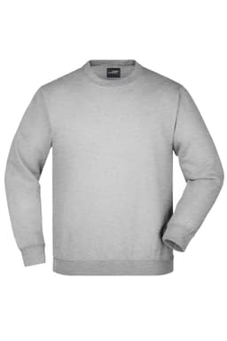 A grey round neck sweater with long sleeves, featuring a brand logo on the label.