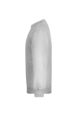 A grey jumper with long sleeves, featuring a ribbed hem and cuffs. The garment has a logo on it.