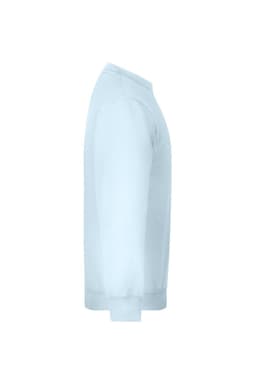A light blue sweater with a round neckline and long sleeves, featuring a logo.