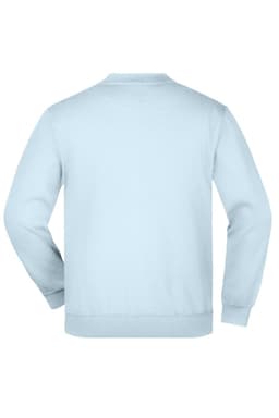 A light blue sweatshirt with a crew neck and a plain back. The garment has a ribbed hem and cuffs.