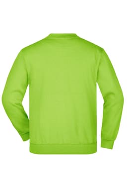 A bright green junior jumper with a crew neck and long sleeves, featuring a logo on the back.