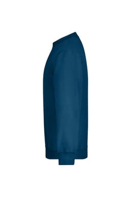 A navy blue jumper with a round neck and long sleeves, featuring a logo on the side.