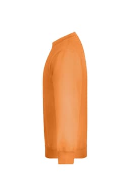 An orange jumper featured from the side, showcasing a smooth finish and long sleeves. It has a branding logo.
