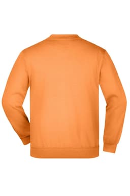 An orange jumper with a crew neck and long sleeves, featuring a logo on the back.