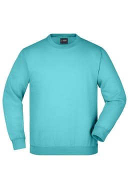 A turquoise jumper with a round neck and long sleeves, featuring a logo on the label.