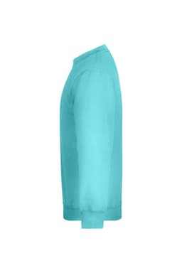 A turquoise jumper with a crew neckline and long sleeves, featuring a logo on the side.