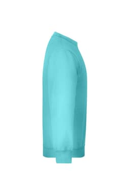 A turquoise jumper with a crew neck and long sleeves, featuring a logo on the side.