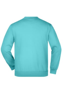 A teal sweater featuring a round neck and long sleeves, showcasing a plain back view. Includes a logo.