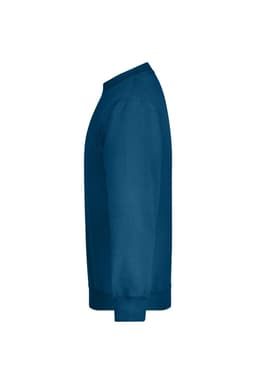 A side view of a blue jumper featuring long sleeves and a classic crew neck design. It has a logo.