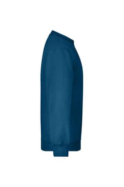 A blue jumper featuring a crew neck and long sleeves, showcasing a side view. Includes a branding logo.