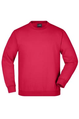 A red jumper featuring long sleeves and a crew neck. It has a logo on the label.