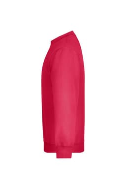 A red jumper with long sleeves, featuring a crew neckline and a ribbed hem. It has a logo branding.