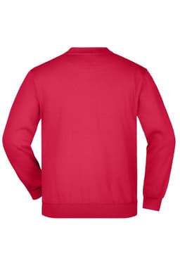 A red jumper featuring a classic design and a logo on the back. Suitable for casual wear.
