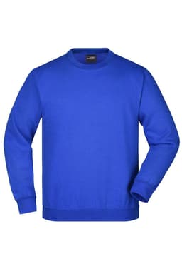 A bright blue round-neck sweatshirt with long sleeves, featuring a logo on the front.