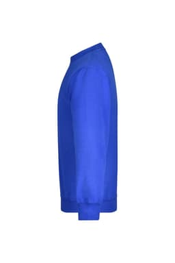 A blue round sweat heavy junior jumper displayed from the side, featuring long sleeves and a crew neck.