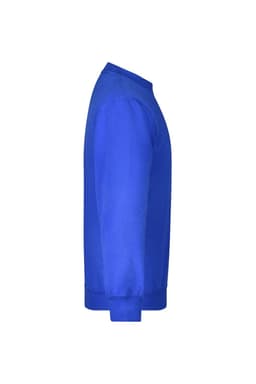 A blue jumper with a crew neckline and long sleeves, featuring a solid colour and a logo.